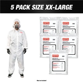 LAUCO White Polyester Reusable Paint Coverall Spray Suit with Hood, Elastic Waist and Wrist, Water Resistant, Lint Free, and Washable - X-Large, Pack of 5