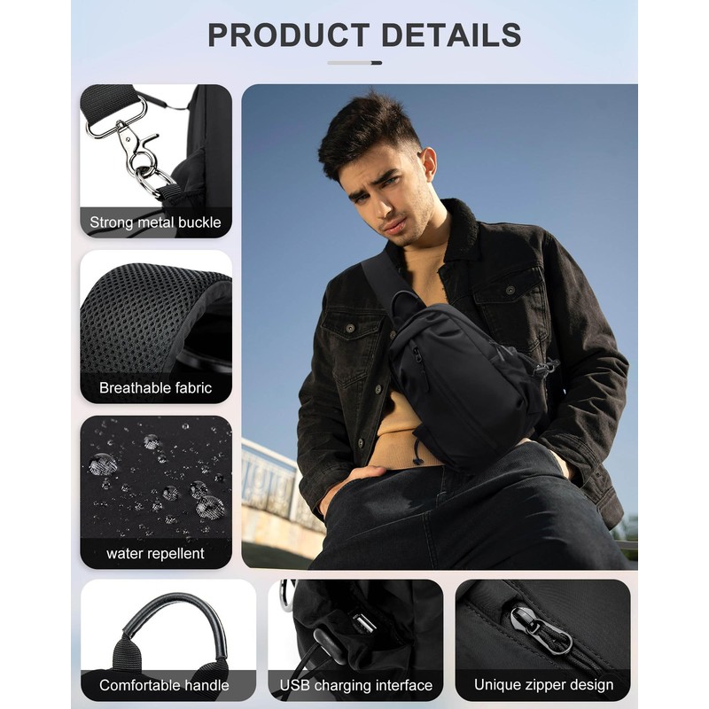 Sling Backpack bag for Men, Black Mini Anti Theft One