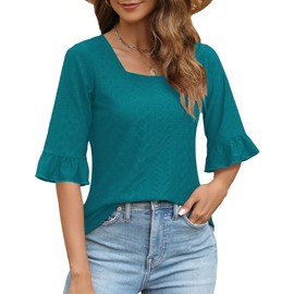 Bashafo Womens Tops Trendy Summer 3/4 Sleeve Shirts Dressy Casual Square Neck Ruffle Tunic Eyelet Blouse Peacock Blue XL