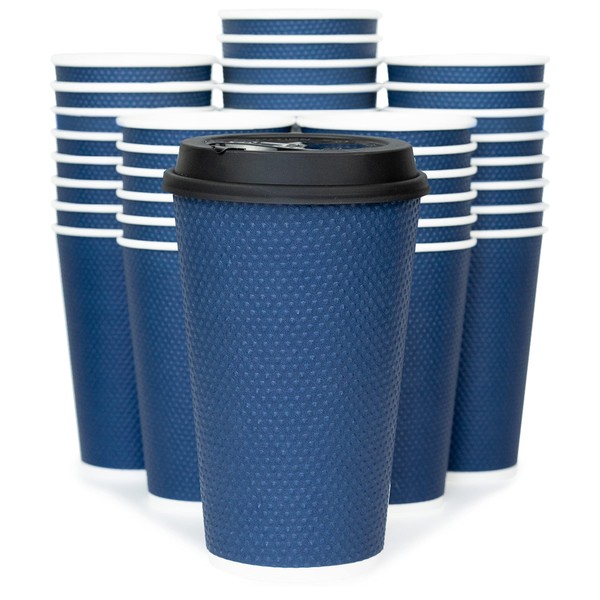 Glowcoast Disposable Coffee Cups With Lids - 16 oz To Go Coffee Cup With Lid (60 Set). Large Togo Travel Paper Hot Cups Insulated For Hot and Cold Beverage Drinks, No Sleeves Needed (Midnight Blue)