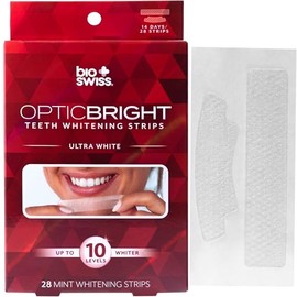 BioSwiss Tiras blanqueadoras de dientes, juego de tiras blanqueadoras de dientes Optic Bright Ultra White Mint, paquete de 28, caja roja