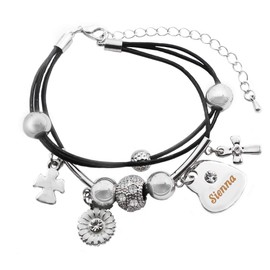 Kigu Sienna Name Bracelet - Genuine Leather Multi Strand Bracelet & 18K White Gold Plated Engraved Heart Charm