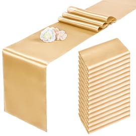 Pesonlook - Juego de 15 caminos de mesa de satén champaña de 12 x 108 pulgadas de largo para mesas redondas rectangulares, camino de mesa de satén suave para bodas, fiestas de cumpleaños, decoración