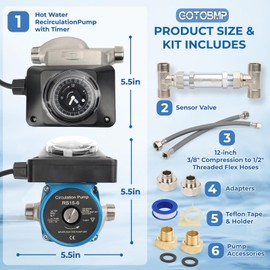 GOTOBMP Hot Water Recirculating Pump Kit, Circulation Pump, with Brass Sensor Valve Kit, 1/2’’ Stainless Steel Braided Hose, and Water Heater Timer for Tank Water Heaters
