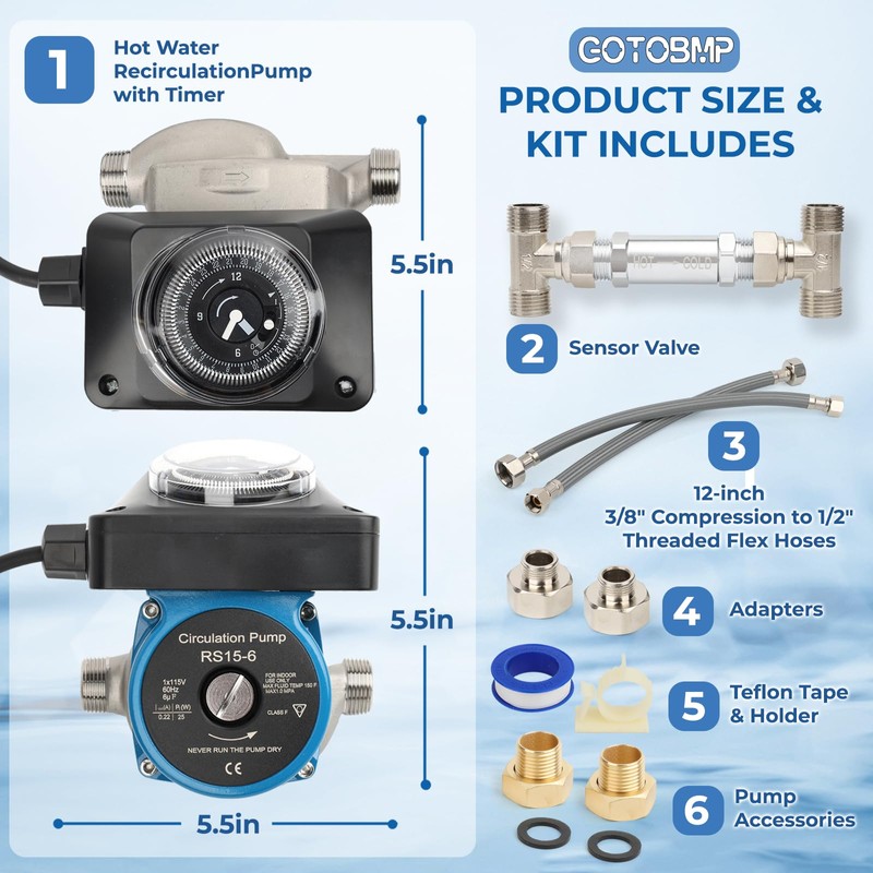 GOTOBMP Hot Water Recirculating Pump Kit, Circulation Pump, with Brass