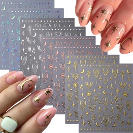 Moon Star Nail Art Stickers Decals 3D Self-Adhesive Holographic Star Moon Nail Decals Aurora Silver Gold Star Nail Stickers Nail Art Designs Nail Supplies for Women Girls Mnicure Decoration 8 Sheets
