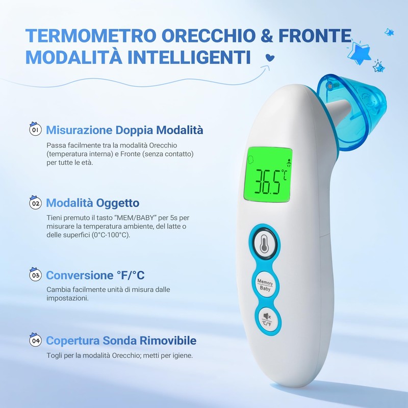 BESTEK Termometro Febbre Doppia Modalità (Frontale/Auricolare),Termometro Neonato per Oggetti, Termometro