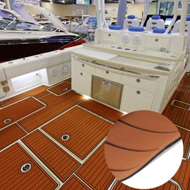 WUPYI EVA Foam Faux Teak Boat Decking Sheet Non-Skid Self-Adhesive Deck Marine Yacht RV Boat Flooring Mats (Brown+Black, 94.3”x 35.4”)