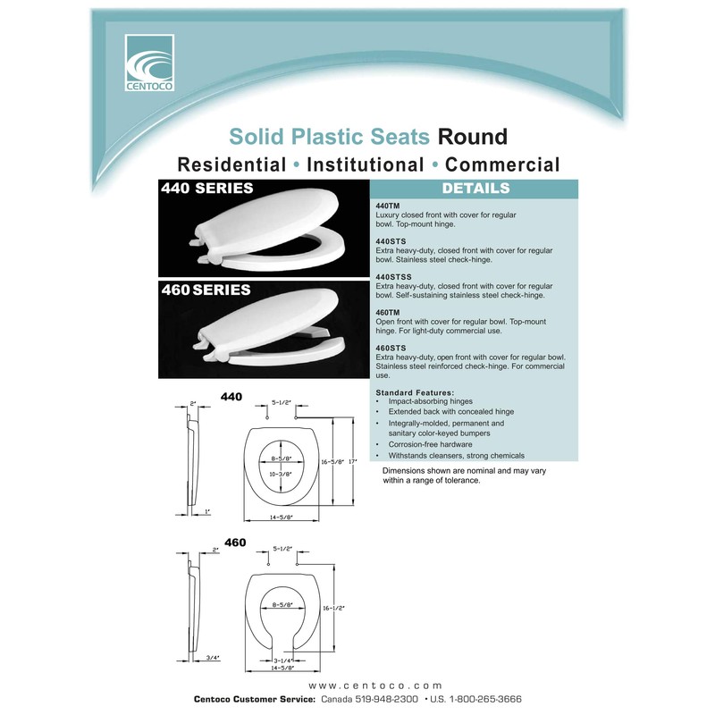 Centoco 440STS-001 Round Plastic Toilet Seat, Closed Front with Cover,