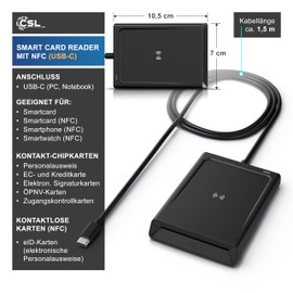 CSL - USB C Chipkartenleser mit NFC - SmartCard Reader/SIM Kartenlesegerät - kompatibel mit Windows 10-11 - für den neuen Personalausweis Gesundheitskarte Bankkarten