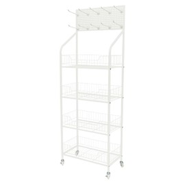 KONKENIE 4 Tier Display Snack Rack with Universal Wheels Fruit Vegetable Towel Basket Stand Cart Metal Display Stand with 10 Hanging Hooks Retail Organizer Shelf for Kitchen Office Dorm (White)