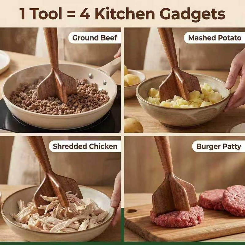 Teak Wooden Meat Chopper, Ground Beef Masher, Chicken Shredder&Meat Chopper,