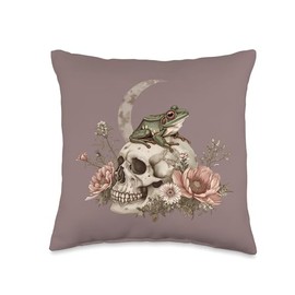 Vintage Aesthetic Cottagecore Frog Skull Floral Witchy Moon Throw Pillow