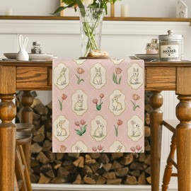 Artoid Mode Pink Lingge Bunny Tulips Easter Table Runner,Seasonal Spring Flowers Kitchen Dining Table Decoration for Home Party Decor 13x36 Inch