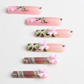 MERVF Square Press on Nails Extra Long Fake Nails Pink French Tip Glue on Nails Green Star Press ons Bow Flower Squoval Acrylic Spring Nails Gyaru Design for Women Glossy 24pcs