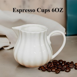 TIWPAJS Espresso Cups 6OZ, Espresso Accessories, Expresso Shots Cup, Ceramic Creamer Container, White Milk pitcher, Ribbed Milk Frothing Pitcher, Microwave & Freezer Safe