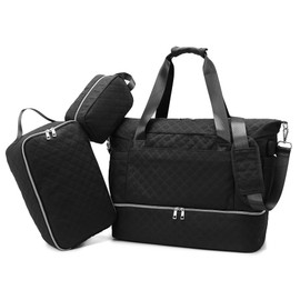 Weekender Overnight Bag, Large Travel Duffle Bags with Shoe Compartment & Wet Pocket & Insulated Cooler Pocket, Carry On Tote Bag Gym Duffel Bag with Toiletry Bags for Hospital 3 Pcs Set (Black)