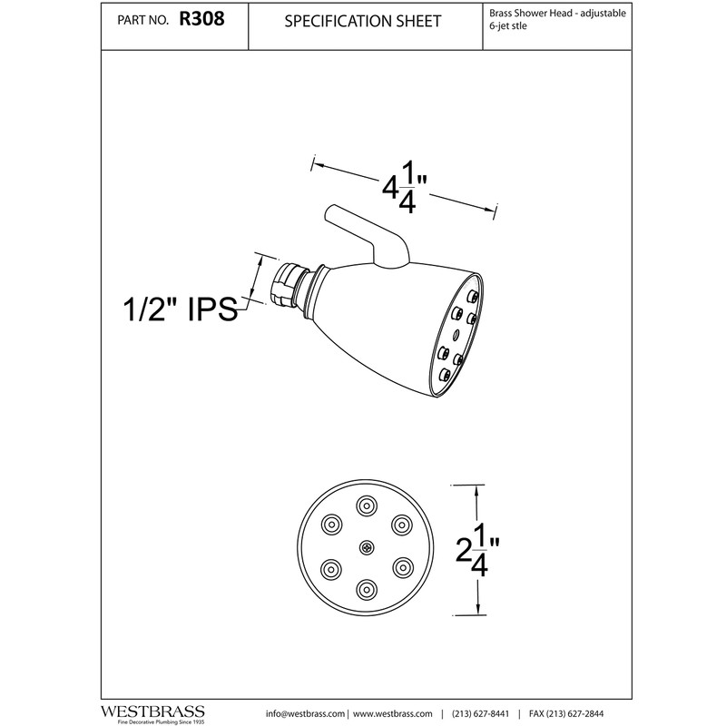 Westbrass R308-62 Speakman Style 2-14" 6-Jet Adjustable Spray Shower Head,