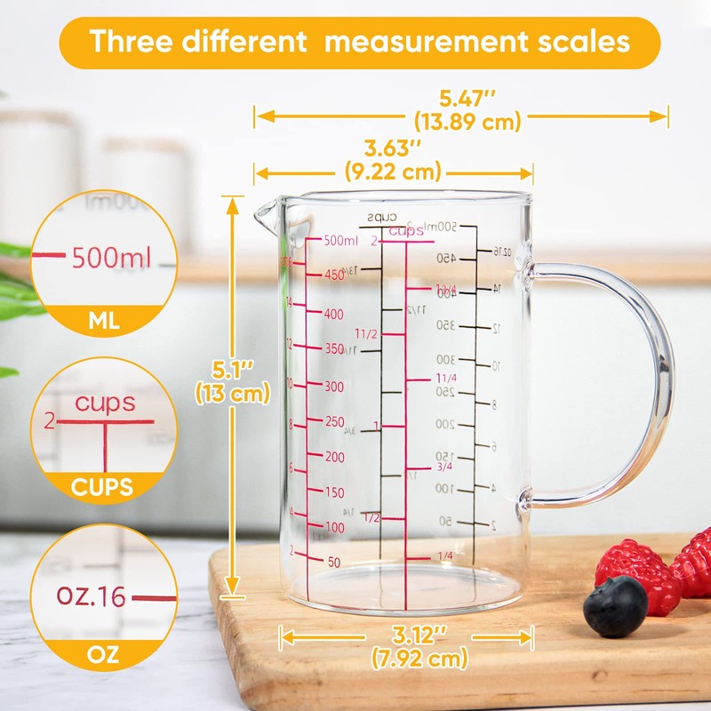 77L Glass Measuring Cup with Handle, [Double-Sided Measuring Scale, V-Shaped