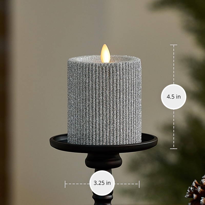 Luminara Brilliant Silver Glitter Ribbed Flameless LED Candle Moving Flame