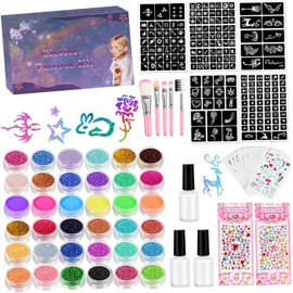 Juego de tatuajes con purpurina para niños, juego de tatuajes con purpurina 36 colores para niños 30 pegatinas luminosas dibujos animados, kit arte corporal para fiestas fáciles.