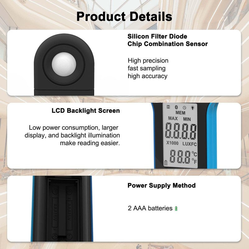 Digital Light Meter, 1-400000Lux Illuminance Meter with Large LCD Screen