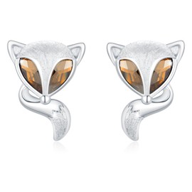 Fox Earrings 925 Sterling Silver Cute Animal Fox Stud Earrings with Crystal Hypoallergenic Small Brushed Fox Jewellery Gifts for Girls Kids Women 13mm, Sterling Silver