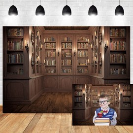 OERJU 8x6ft Vintage Wood Bookshelf Backdrop Indoor Bookcase School Library Study Room Photography Background Office Backdrop for Video Conference Vintage Party Vinyl Online Video Shooting