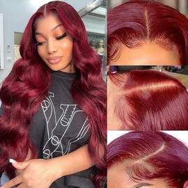 99J Burgundy Lace Front Wigs Human Hair 13x4 HD Transparent Lace Frontal Body Wave Wig Pre Plucked 180% Density Red Colored Glueless Human Hair Wigs for Women with Baby Hair 20 Inch