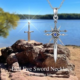 ROMANTICWORK Sword Necklace 925 Sterling Silver Shield/Evil Eye/Angel Wing/Tree of Gondor Pendant Cross Jewellery for Father's Day Birthday Christmas Gifts for Men, Sterling Silver, No Gemstone