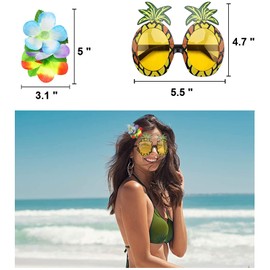 PHOGARY 8-Piece Hawaiian Theme Party Costume Set, Hula Skirt (Colourful), Flower Chain, Flower Bracelets, Flower Bra, Hair Flower, Pineapple Sunglasses for Tikiparty Beach Party Decoration