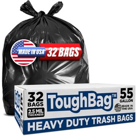 ToughBag 55 Gallon Trash Bags (32 Count) Heavy Duty Trash Bags, Black Garbage Bags, 2.5 Mil - Made in USA