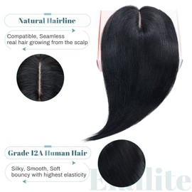 Elailite Hair Topper, Real Hair, Toupee, Women, Clip-In Hairpiece, Hair Topper Base, 10 x 12 cm, 30 cm, #1 Black