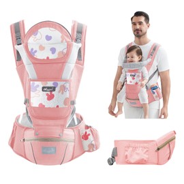 IULONEE Multifunction Baby Carrier Hip Seat Infant Carrier Baby Sling Baby Carrier Wrap Convertible Toddler Carrier with Wide Seat Lightweight Child Carrier Ideal for Hands-Free Parenting (Pink)