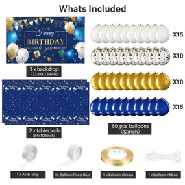 Moukeren Navy Blue and Gold Birthday Party Decorations 56 Pcs Happy Birthday Photography Backdrop Banner Tablecloths Confetti Balloons Kit for Boys Girls Men Women Party Supplies Decor