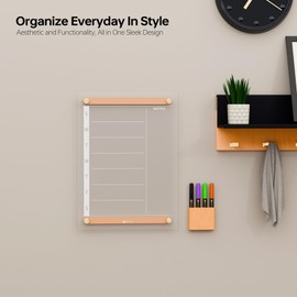 Clear Glass Weekly Dry Erase Calendar Whiteboard with Wood Decoration for Wall, Menu & Meal Planner White Board for Home Kitchen, 15x11", Wood Marker Holder and 4 Markers Included, Yeoux