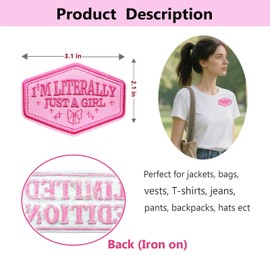 I'm Literally Just A Girl Embroidery Patch, 3'' Funny Cutesy Bow Embroidered Patch, Iron On/Sew On Pink Embroidered Patches for Bags, Backpacks, Hat, Jackets, Uniform, DIY Accessories Gift