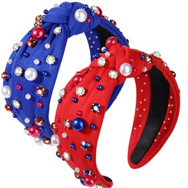 2pcs 4th of July Headband for Women Red and Blue Pearl Knotted Headband American Patriotic Element Pearl Rhinestone Jeweled Hairband Fourth Band American Independence Day Hair Accessories Gifts