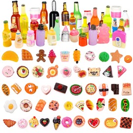 40 Pieces Mini Food Toys for Children, 30 Pieces Food and 10 Pieces Drinking Bottles in a Random Cute Dollhouse DIY Food Game, Kitchen Toy Set Birthday Gift