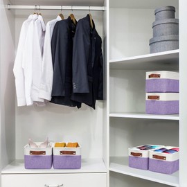Bagnizer Small Storage Basksts with PU Handle - 12*8*6 inch Decorative Fabric Storage Bins, Foldable Linen Closet Cubes, Organizer Container for Home, Shelves, Nursery, Dorm, Gift (Purple&White)