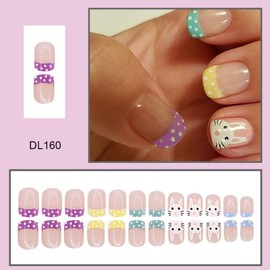 Easter Press on Nails Bunny Short Square Fake Nails with Dot Design Cute Rabbit Nails Press ons, Colorful French tips False Nails Pink Glossy Reusable Spring Nails for Women Girls Manicure 24pcs