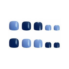 MERVF Press on Toenails for Women Pure Blue Fake Glue ons Solid Color Design DIY Acrylic Toe Nails Supplies Summer Glossy Manicure 24pcs