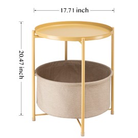 danpinera Round Side Table with Fabric Storage Basket, Metal Side Table Small Bedside Nightstand with Removable Tray Top for Living Room, Bedroom, Nursery, Laundry, Pale Yellow