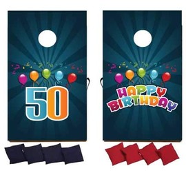VictoryStore Cornhole Games Custom Birthday Bag Toss Game Custom Birthday Cornhole 8 Bags Included (Blue Stripes with Balloons)