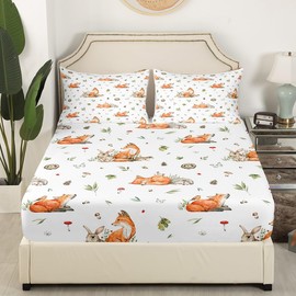 Cartoon Fox Kids Fitted Sheet Twin Size,Mushroom Leaves Plants Bedding Set,Boys Girls Adults Room Decor,Cute Rabbits Hedgehogs Wild Animals Bed Cover,Colorful Bed Sheet,1 Pillowcase