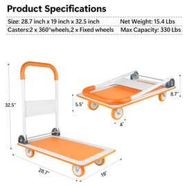 YLIEHS Sturdy and Versatile Push Cart Dolly, Folding Hand Truck with 330 lbs Capacity and 360 Degree Swivel Wheels, Orange