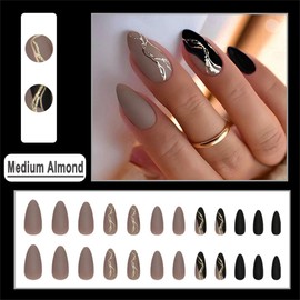 DOCVOEOMH Almond Shaped Press on Nails Medium Black Acrylic Fake Press Ons Nails with Glod Lines Design Glue on Glossy Full Cover Artificial False Stick on Nail for Girls Women Daily Wear 24PCS