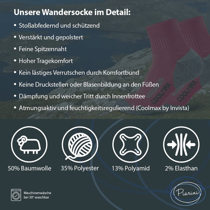 Piarini 2 Paar Coolmax Wandersocken Trekking Socken Funktionssocken kurz -