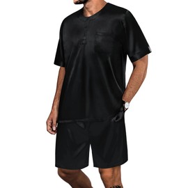 SWOMOG Men Satin Pajamas Set Short Sleeve Silk Sleepwear Button Down 2 Piece Loungewear with Pockets Black Medium