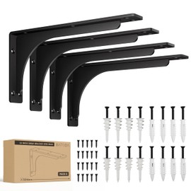 BATODA 12" Metal Shelf Brackets with Beam (4pcs) - L Shelf Steel Bracket Black - Heavy Duty Shelving Brackets for Floating Shelves - Wall Mounted Support for DIY – Mounting Hardware Included (Pack 4)
